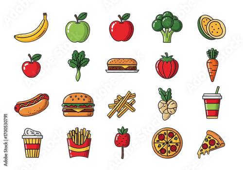 A vibrant collection of healthy and unhealthy food icons, including fruits, vegetables, fast food, and drinks on a white background.