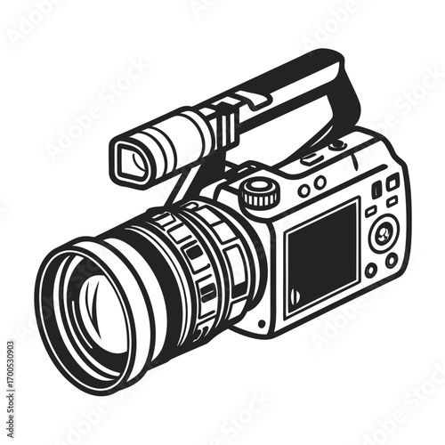 Black and white illustration of a professional video camera