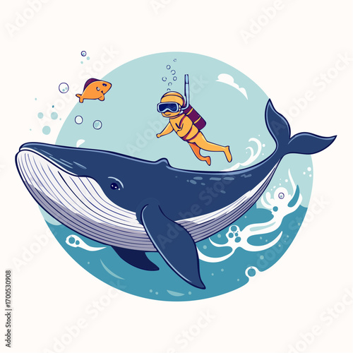 Funny whale and diver do activity at sea.  Diving with marine animal concept 