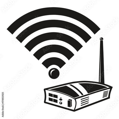 Black and white illustration of a wireless router emitting wi fi signal waves