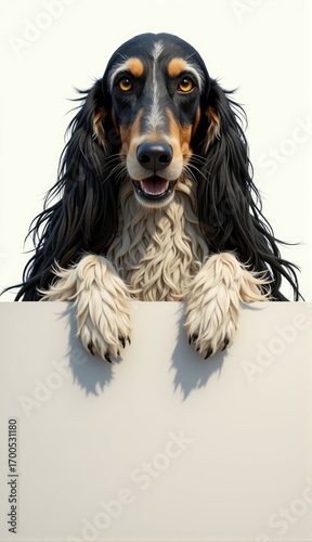 A beautiful black and white Cavalier King Charles Spaniel holds a blank sign. Isolated animal on white background.