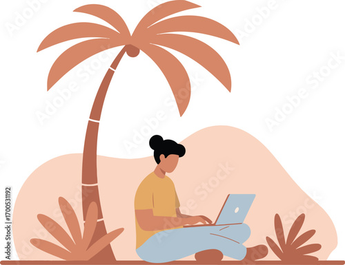 Freelancer working remotely on laptop under palm tree, enjoying digital nomad lifestyle