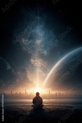 A man sitting on the ground looking at a city in the distance