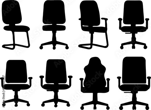 Office chair silhouettes set, modern chair set vector, Creative black chair vector art, stylish chair vector logo, Set of chair art design, furniture chair silhouette collection