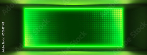 SMD LED green screen with RGB wall panel and LCD grid gradient effect. Digital pixel pattern glow texture entertainment background. Abstract electric flat light border for technology layout.