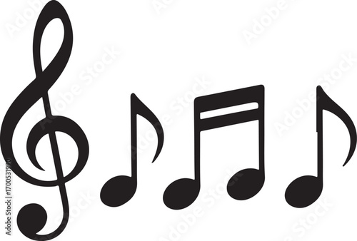 PrintMusical notes and treble clef on a black background
