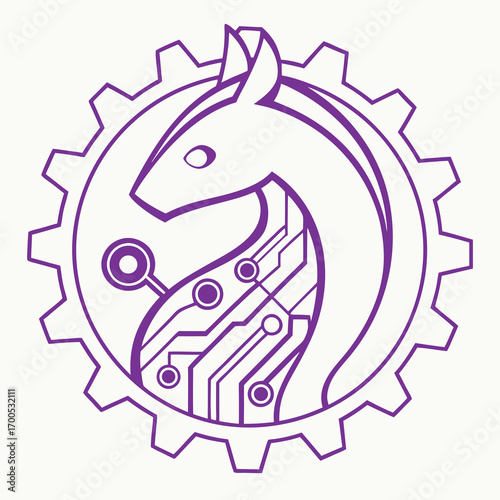 Futuristic quantum computing neon vector logo with abstract geometric elements