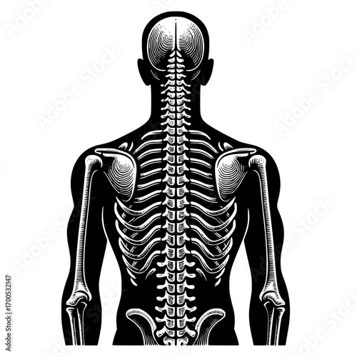 technical illustration of a silhouetted human figure bone anatomy