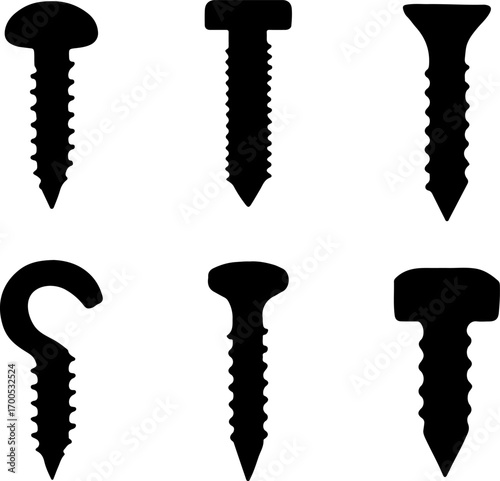 Screw tool silhouettes set, metal screw set vector, Creative screw vector art, screw metal tool vector logo, Set of screw art design, various screws silhouette collection