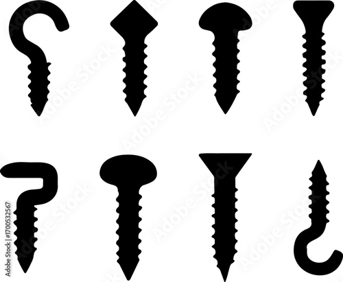 Screw tool silhouettes set, metal screw set vector, Creative screw vector art, screw metal tool vector logo, Set of screw art design, various screws silhouette collection