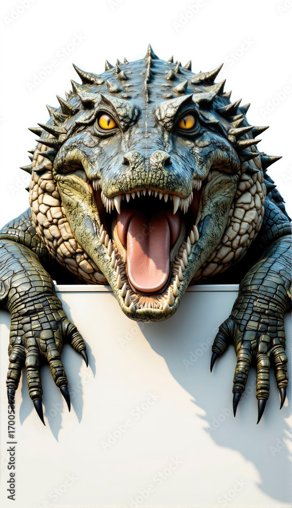 Fototapeta premium A ferocious crocodile or alligator looks over a blank sign. Isolated on white background.