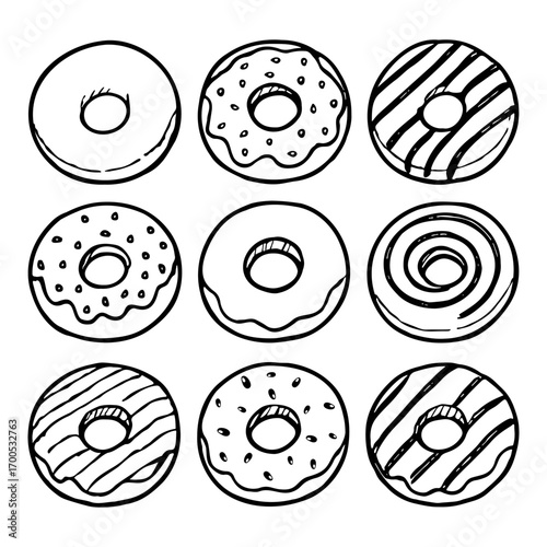 Set of nine hand drawn donuts with sprinkles and glaze. Black and white doodle vector illustration.
