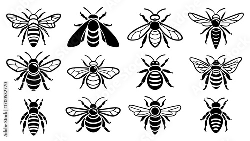 Diverse bee and honey pot silhouettes insect swarm