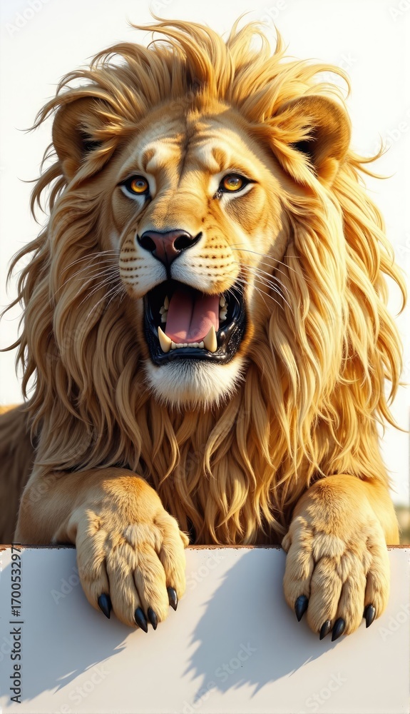 Obraz premium A majestic and powerful lion with a mane holding a blank sign. Isolated on white background.
