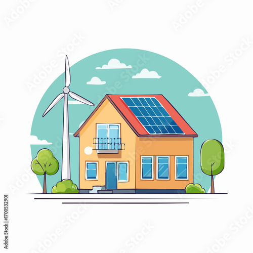 Small house featuring solar panels on the roof, and wind turbines surrounded by green plants and a tree, Sustainable energy climate alternative. Solar, wind power