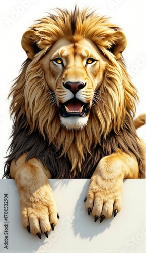 A majestic lion with a thick mane and golden eyes peers over a blank sign. Isolated on white background.