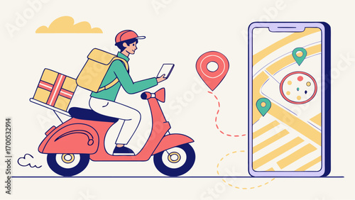 Delivery person on a scooter with a package, using a tablet, and a phone with a map.