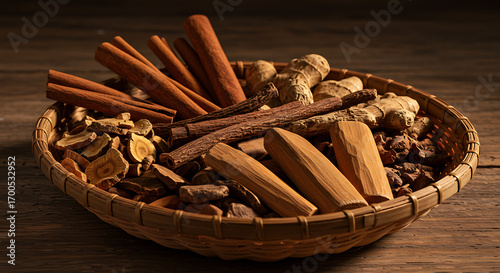 Rustic basket filled with dried roots and barks: cinnamon sticks, licorice root, ginger root, sandalwood pieces. Styled like a traditional healer’s collection, with earthy tones and dim lighting.