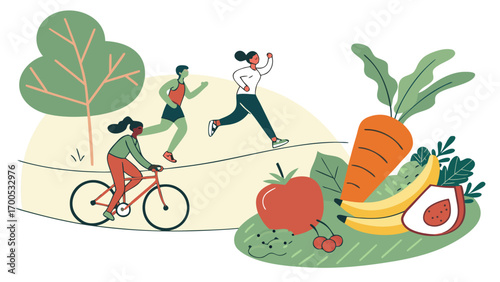 Illustration of a healthy lifestyle with people exercising outdoors and a variety of fresh fruits and vegetables.