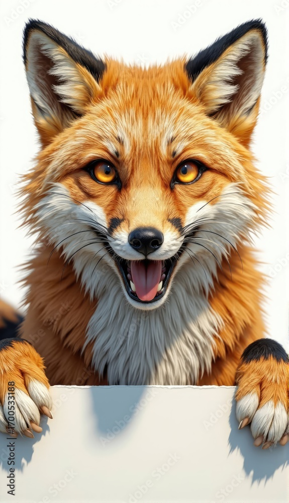 Fototapeta premium A close-up of a happy fox with a big smile holding a blank sign. Isolated on white background.