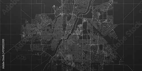 Saskatoon (Canada) street map. The style of the map is black paper