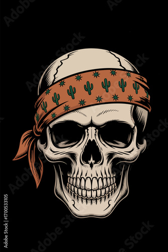A vintagestyle illustration of a human skull wearing a bandana with a cactus pattern, set against a black background