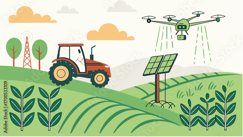Modern agriculture utilizes advanced technology like drones and solar panels for efficient farming practices.