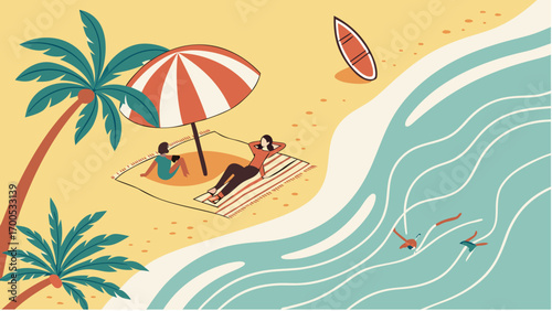 Beach scene with people relaxing under an umbrella, palm trees, and the ocean.