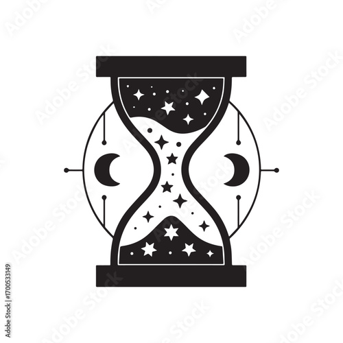  Silhouette Cosmic Hourglass Illustration with Stars, Moons, Geometry, Symbolism, and Universal Balance. 