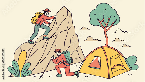 Illustration of two hikers, one climbing a rock face, the other near a tent.