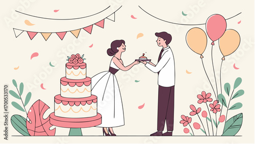 Couple sharing a wedding cake at a party.