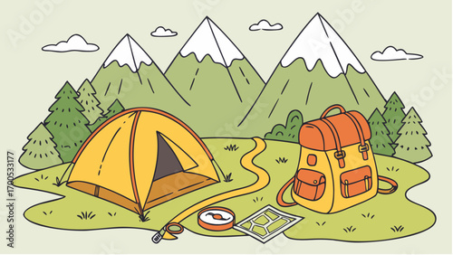 Hand-drawn illustration of a campsite with a tent and backpack in a mountain landscape.