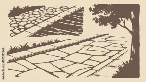 Vintage-style illustration of cobblestone and flagstone pathways with grass and a tree.
