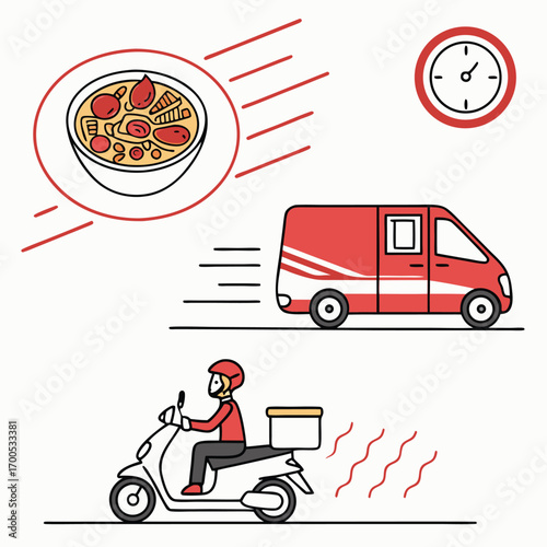 Food delivery service illustration with scooter and van