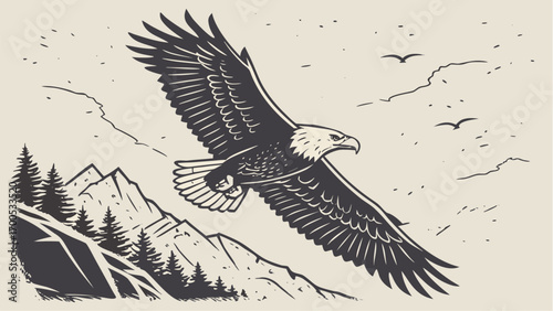 Illustration of a bald eagle soaring over a mountainous landscape.