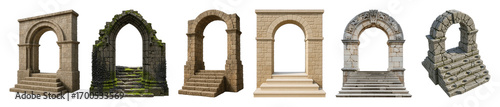 Stone archway set including classic, weathered, ornate, and ruined designs with stairs isolated. Fantasy and historical architectural elements.