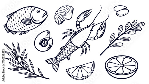 A collection of hand-drawn seafood and garnishes, including a fish, lobster, shells, lemon slices, and herbs, presented in a clean, illustrative style.