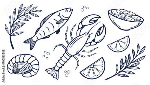 Line art illustration of various seafood items including fish, lobster, clams, lemon slices, and olive branches, presented in a monochrome style.