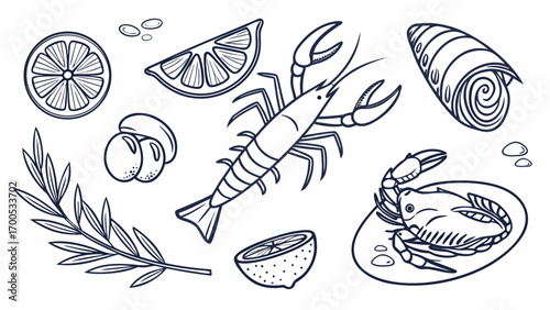 Seafood illustration with lemon, shrimp, crab, mussel, and olive branch.