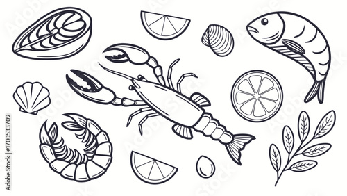 Collection of seafood illustrations, including fish, shellfish, and citrus fruits.