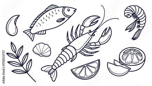 A collection of hand-drawn seafood illustrations including a fish, lobster, shrimp, lemon slices, and herbs.