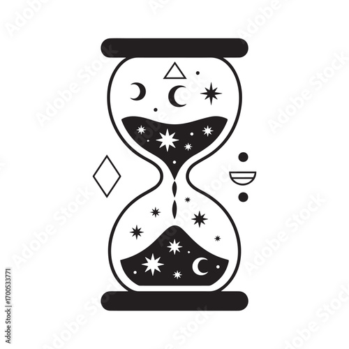  Silhouette Cosmic Hourglass Illustration with Stars, Moons, Geometry, Symbolism, and Universal Balance. 