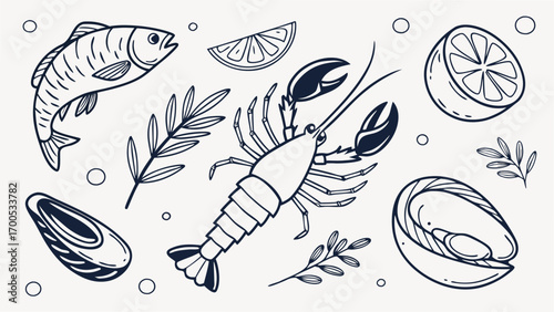 Monochrome illustration of various seafood items, including fish, lobster, mussels, and lemon slices.