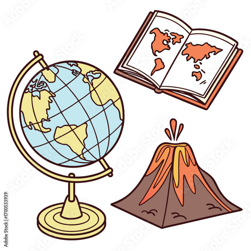 Globe Book and Volcano Illustration world open book