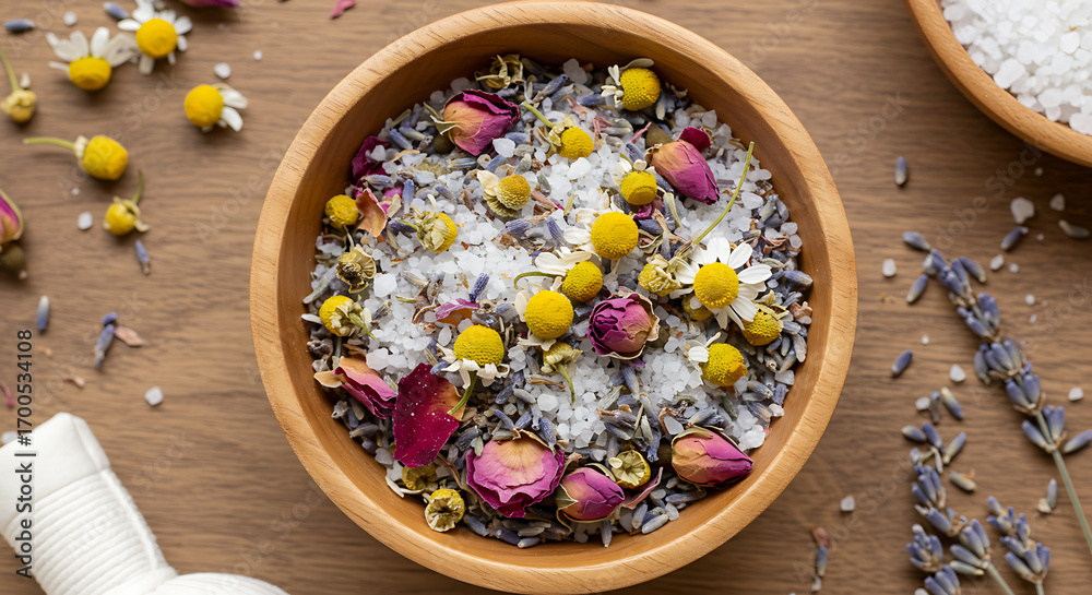 Top-down shot of herbal bath soak mixture with dried lavender, rose petals, chamomile, and sea salt in a wooden bowl, styled as holistic relaxation therapy. Top-down shot of herbal bath soak mixture with dried lavender, rose petals, chamomile, and sea salt in a wooden bowl, styled as holistic relaxation therapy.