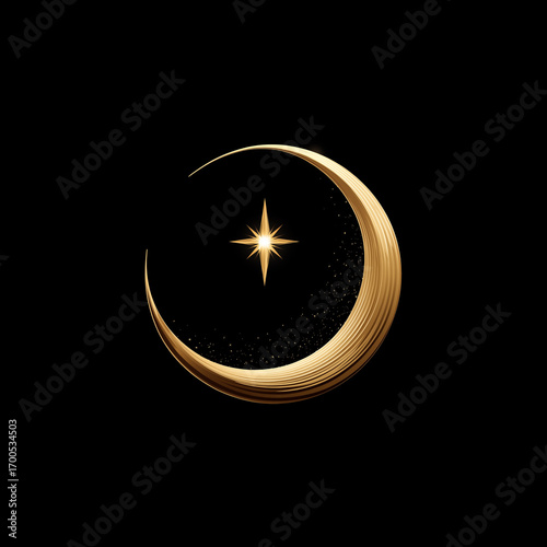 Golden Crescent Moon and Shining Star on Black Background