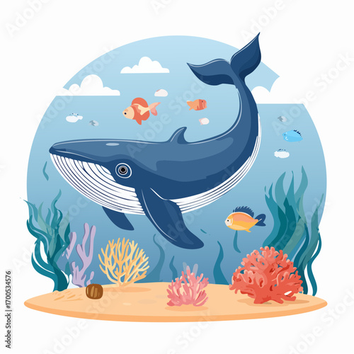 Funny whale diving together in the clear ocean with clean inveronment. Animal conservation concept