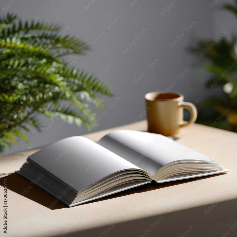 Naklejka premium hardcover book mockup open on desk, cozy pages, daylight streaming