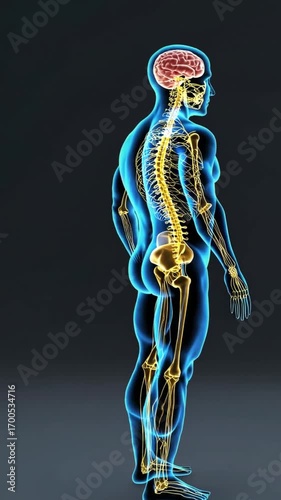 A man's skeleton is shown in a blue and yellow color scheme