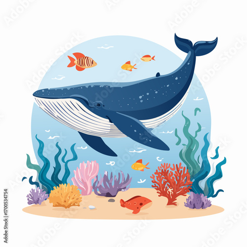 Funny whale diving together in the clear ocean with clean inveronment. Animal conservation concept